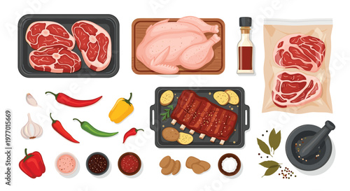 Assortment of raw meats including steak, whole chicken, and ribs with chili peppers, garlic, spices, and a mortar and pestle.