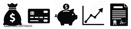 Comprehensive collection of financial planning icons including money bag, credit card, saving piggy bank, upward trend graph, and legal document for banking, investment, and business