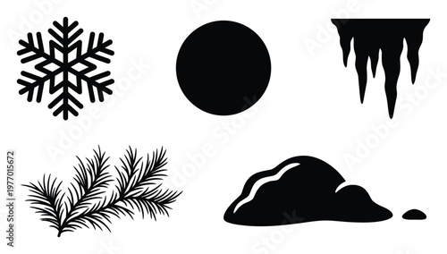 Winter nature symbols and seasonal elements featuring snowflake, icicles, pine branches, and snowdrift silhouettes for various graphic projects and festive decoration