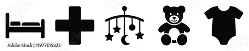 Essential baby and child care icons featuring bed, medical cross, crib mobile, teddy bear, and bodysuit for maternity and pediatric health information graphics.
