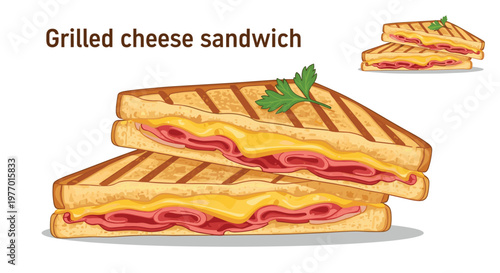 Two halves of a golden brown grilled cheese and ham sandwich with melted cheese and a parsley garnish on top.