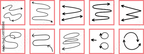 Chevron Arrows In Various Curved And Straight Paths, Arrow Icon Collection, Direction Symbols, Navigation Graphics, Curved And Straight Line Arrows, Flow Illustration, Pathway Concept