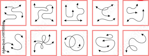 Chevron Arrows In Various Curved And Straight Paths, Directional Icon Set, Navigation Symbols, Flow And Movement Graphics, Pathway Illustration, UI Design