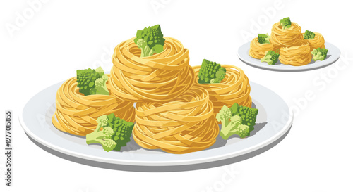 Two plates of taglitalle pasta nests garnished with vibrant green romanesco broccoli florets on a clean white background.