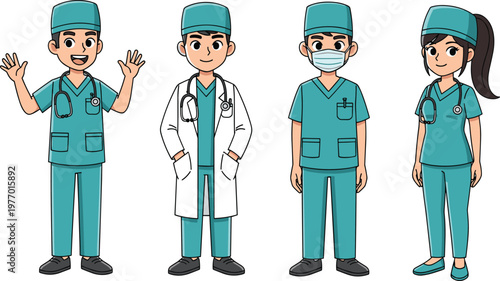 Cartoon Healthcare Professionals Set Featuring Doctors and Nurses in Scrubs Lab Coat and Medical Uniforms for Hospital Staff Illustration and Clinical Design Use.