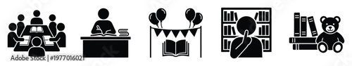 Set of black and white icons representing various aspects of reading, learning, education, and childhood literacy, useful for academic materials, presentations, and digital content