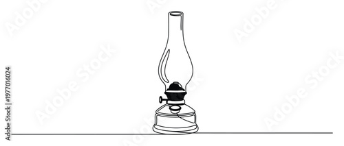 Minimalist one line art depiction of a classic oil lamp, representing heritage and traditional illumination, ideal for simple graphic design or nostalgic concepts