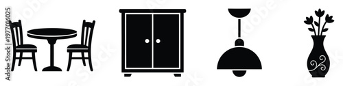 Basic home furniture and decor icons including dining table and chairs, storage wardrobe, ceiling lamp, and flower vase, useful for interior design or home improvement concepts.