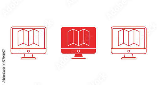 Three computer monitors displaying digital book icons with red and white color scheme for online reading or digital