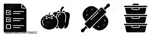 Collection of essential kitchen and cooking icons including a grocery list, fresh vegetables, baking tools, and food storage containers for meal planning applications