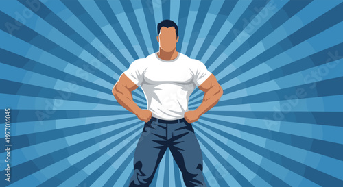 Strong muscular man with a white t-shirt and blue jeans standing with hands on hips against a blue sunburst background.