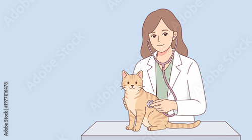 A flat vector illustration of a young veterinarian examining a cat in her office