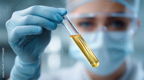 A laboratory scientist holds a test tube containing a yellow liquid, wearing gloves, goggles, and a face mask. This image captures moments of scientific research and discovery.