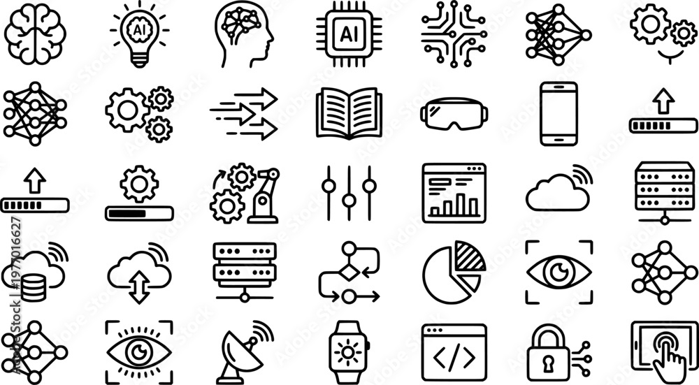Fototapeta premium Cognitive Device Icons. Outline icon set of cognitive enhancement devices: brain, light bulb, electrode 