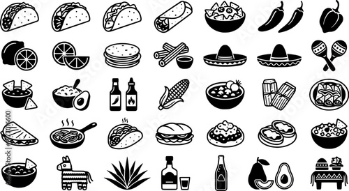 Mexican Food Icons. Outline icon set of Mexican food truck delights: taco shell, burrito wrap, salsa bowl, jalapeño pepper, lime
