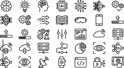 Cognitive Device Icons. Outline icon set of cognitive enhancement devices: brain, light bulb, electrode
