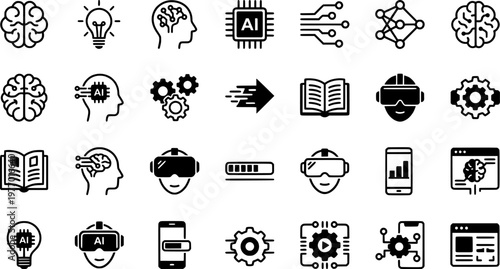 Cognitive Device Icons. Outline icon set of cognitive enhancement devices: brain, light bulb, electrode

