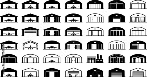 Variety of airplane hangar icons in black and white vector set

