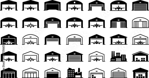 Variety of airplane hangar icons in black and white vector set
