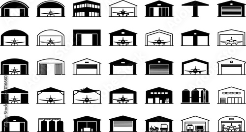 Variety of airplane hangar icons in black and white vector set
