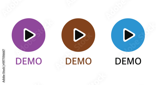 Set of three colorful play buttons in purple brown and blue with the word demo underneath for media or video playback