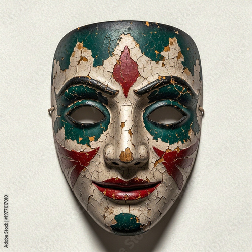 An ornate white and gold Venetian carnival mask from Italy serves as a mysterious disguise for a theatrical masquerade celebration or fantasy festival party isolated against a black background