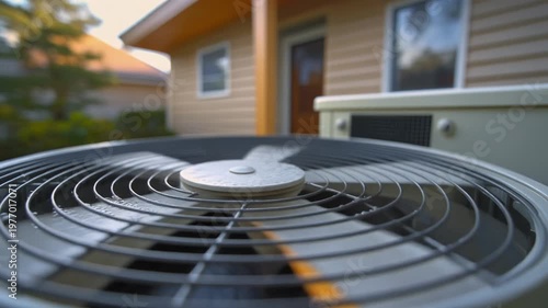 Close-up view of a residential air conditioning unit's outdoor fan in operation on a sunny day