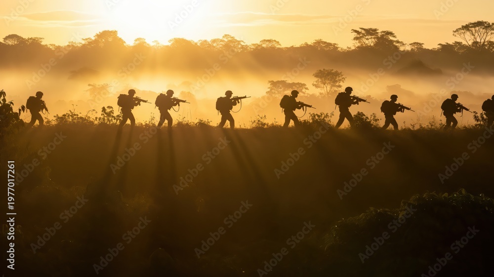 Fototapeta premium Military Special Forces Unit on Jungle Patrol at Sunrise, Tactical Squad Silhouette in Tropical Fog
