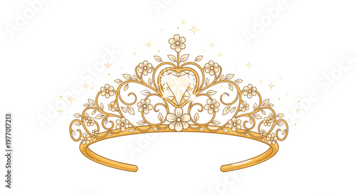 Golden crown tiara decorated with delicate floral ornaments and a sparkling heart shaped diamond against a white background with stars.