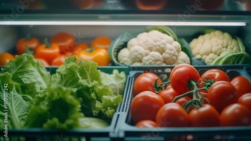 Freshly Displayed Assortment of Vibrant Vegetables and Leafy Greens in a Grocery Store Refrigerator