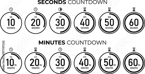 Set of Countdown Timers: Seconds and Minutes, Vector Icons