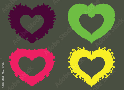Four Colorful Ornate Heart Frames on Dark Background