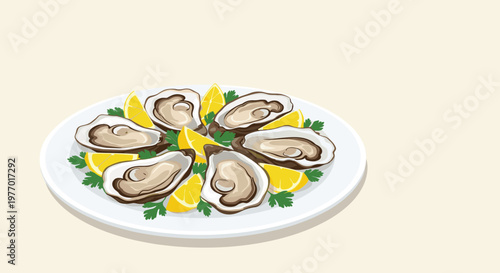 Fresh raw oysters served on a white plate with ice cubes and garnished with lemon wedges and green parsley for an elegant appetizer.