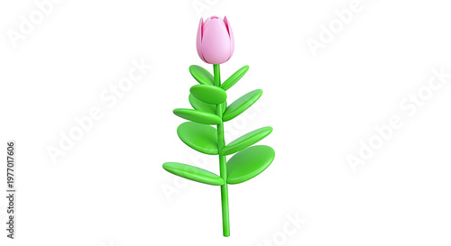 3D Pink Tulip Flower with Green Leaves on White Background