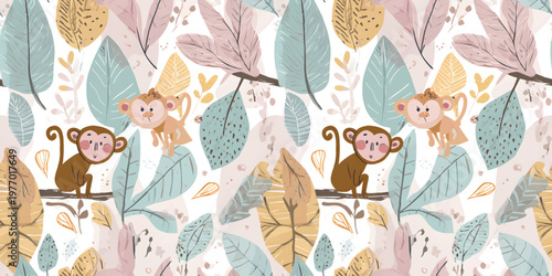 Cute monkey seamless pattern with tropical leaves in pastel colors for kids nursery wallpaper