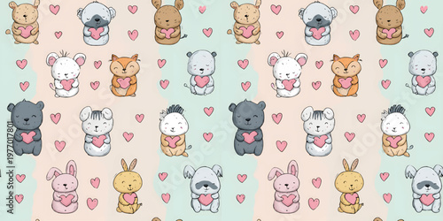 Cute animals holding pink hearts seamless pattern for Valentine's day and kids nursery