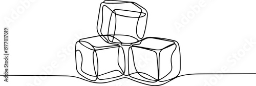 ice cubes continuous one line drawing, Four flying ice cubes continuous one line drawing, Four flying ice cubes cut out, Four ice cubes in mid-air, transparent, and clear.  Visible water droplets