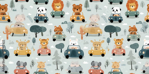 Cute animals driving cars seamless pattern with trees for kids nursery wallpaper