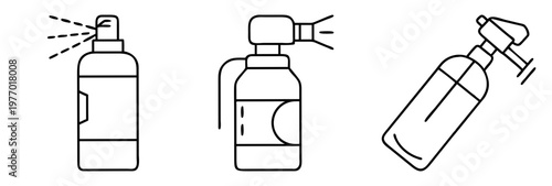 Three minimalist line art illustrations of various types of spray bottles