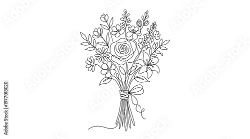 Minimalist single line drawing of a delicate floral bouquet with a ribbon tie, elegant and simple line art for aesthetic appeal
