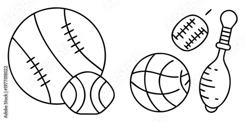 Hand drawn black and white line art of various sports equipment