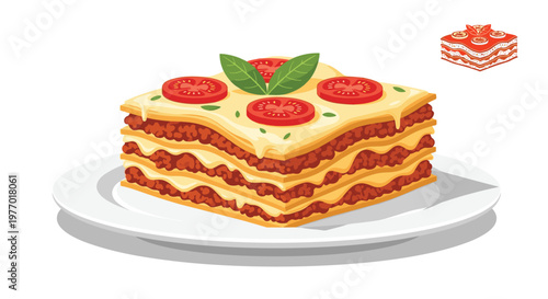 Square slice of delicious meat lasagna served on a white ceramic plate and topped with sliced tomatoes and fresh green basil leaves.