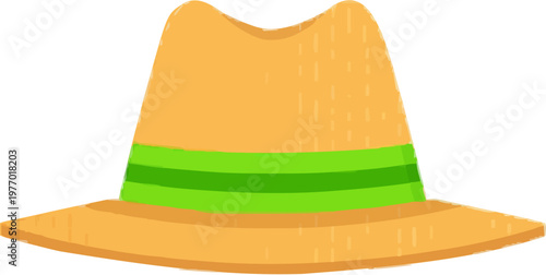 A minimalist straw hat with a green ribbon, set against a pure white background, exudes simplicity and elegance in its sharp clean contours and solid summer colors