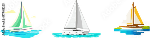 A minimalist sailboat with green sails glides gracefully across a serene blue water line under a clear sky