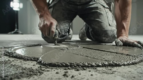 Worker Kneeling and Smoothing Concrete with a Trowel in a Construction Project, Close-Up