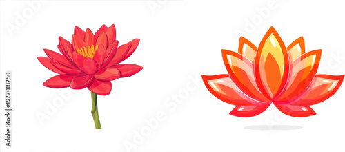 A vibrant red lotus flower with sharp clean contours stands against a pure white background in this minimalist 2D graphic design