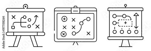 Collection of three strategic planning boards displaying different process diagrams