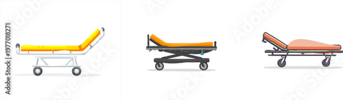 A minimalist medical stretcher silhouette features a vibrant orange mattress on grey wheels against a clean white background, exuding a modern and professional aesthetic
