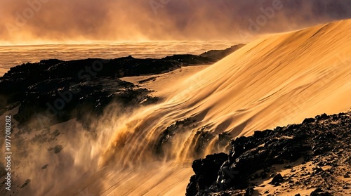 Wallpaper Mural Epic golden sand waterfall flowing over dark volcanic rocks in desert, cinematic nature landscape
 Torontodigital.ca