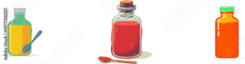 A simple, unbranded bottle of cough syrup features a small plastic measuring spoon resting against it on a pure white background with clean minimalist design elements